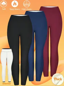 Women's 3-Piece Winter Fleece-Lined Leggings, High-Waisted Warm Long Pants, Sporty Casual Minimalist Daily Wear, Thick and Comfortable
