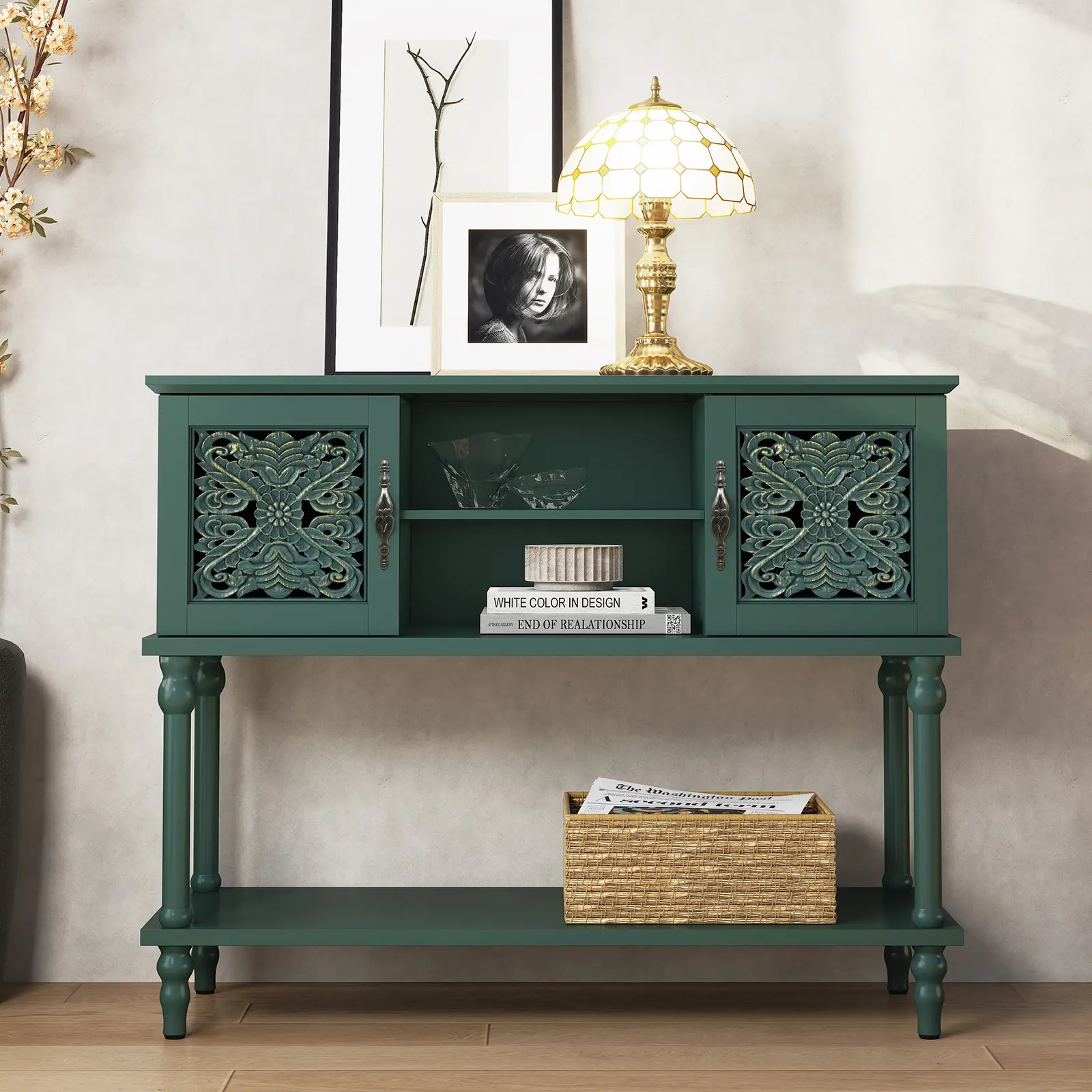 Green - Vintage Carved Console Table