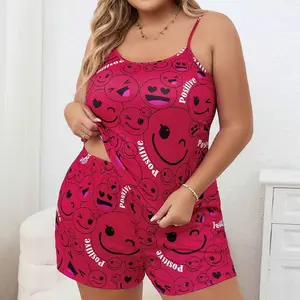 Smiling Face Print Pajama Set, Cute Round Neck Backless Cami Top & Elastic Shorts, Women's Sleepwear