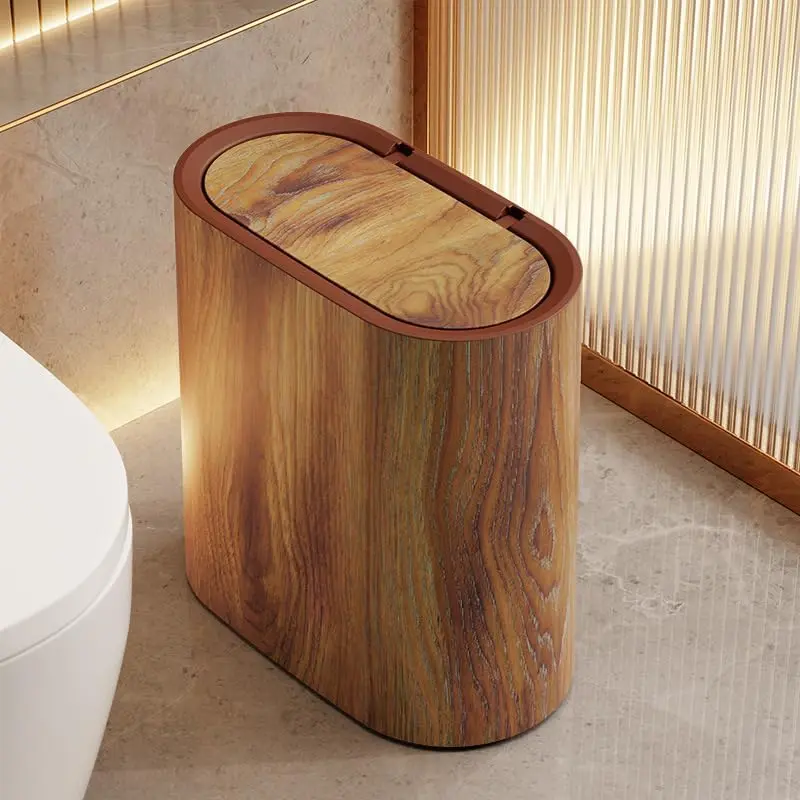 3.7 Gal Double-Bucket Plastic Trash Can with Lid - Marble & Wood Grain Design, Odor-Proof Waste Bin with Handles, Push-On Cover, Narrow Modern Wastebasket for Bathroom Home Storage, White Mock Wood Finish