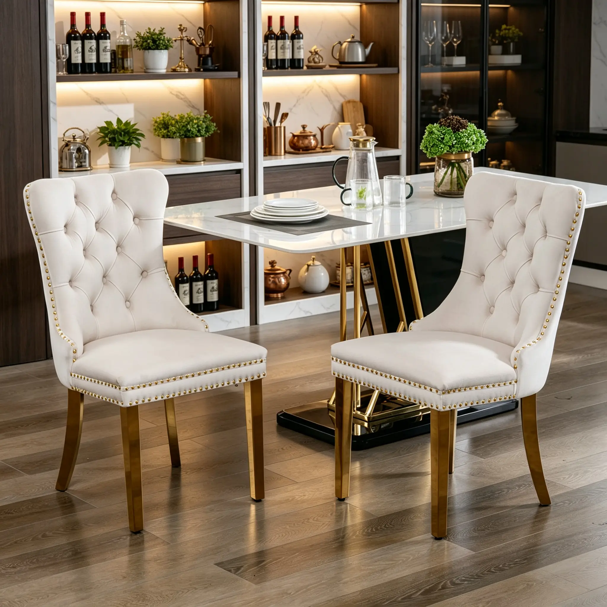 Modern Velvet Upholstered Dining Chair Set of 2. High-End Tufted Solid Wood Chair with Chrome Stainless Steel Legs, Nailhead Trim, Triple Elastic Cushion, Gold / Silver Leg Options, Contemporary Kitchen Seating, Luxury Home Decor.