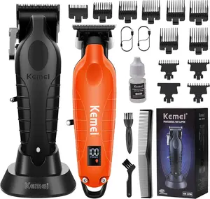 KEMEI Hair Clippers for Men, Professional Clipper and Trimmers Set, Cordless Zero Gap Trimmer for Men with LED Display, 11 Guide Combs, KM 2296 Black, KM 2293 Orange