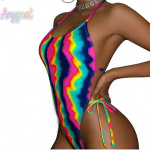 ANYGOAL Women Sexy Lace Up One Piece Swimsuit   Bathing Suits Tum Women Tie Dye Neon Halter Backless One Piece Swimsuit For Summer Beach Vacation, Stretch Swimwear With Eye Catching Color Pattern, style bikini vacation swimwear for women swimsuits,summerw
