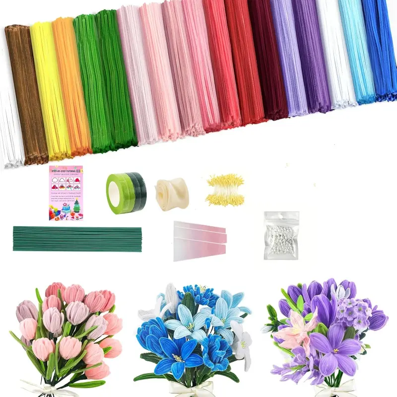1131pcs Pipe Cleaners Craft & Flowers Kit with Handle, 18 Colors Chenille Stems with Instruction, DIY Pipe Cleaner, Diy Floral Decoration, Home Crafts Decor Supplies, Handmade Gift for Wedding & Mother's Day, Diy Material