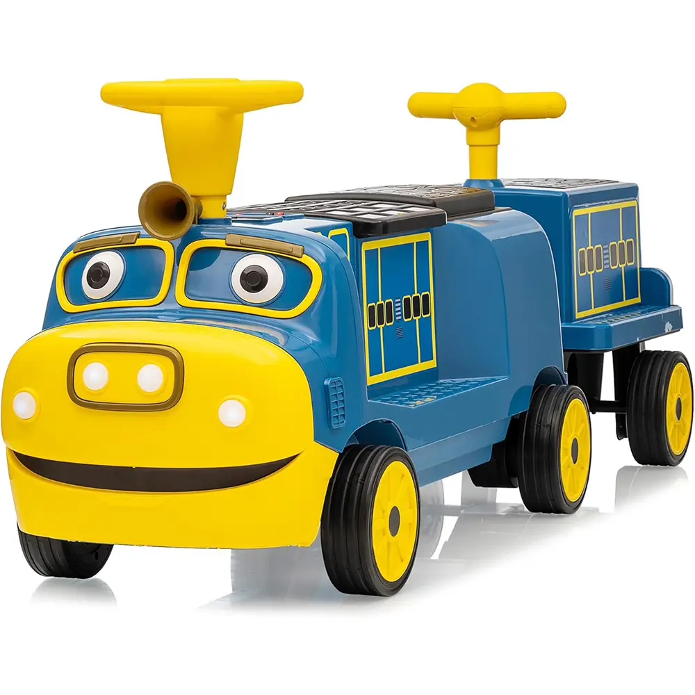 12V Trackless Ride On Train for Kids with 2 Seats Adjustable Height Music LED Lights and Storage Dual Speed Electric Car Toy Blue