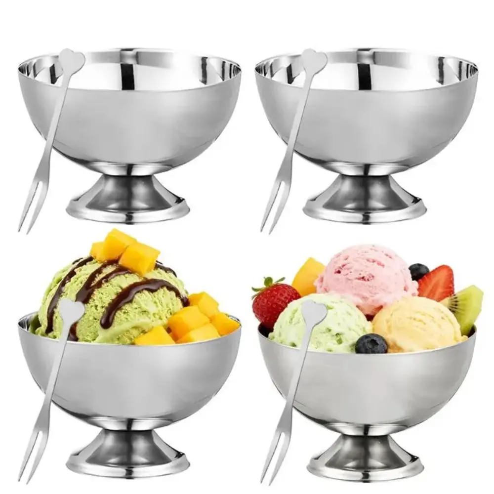 1pc Stainless Steel Pedestal Ice Cream Bowl - Metal Outdoor Picnic Tableware for Camping, Home Kitchen Use; Reusable Dessert, Fruit Salad, Snack, Yogurt, Pudding, Cereal Serving Cup, Kitchen Gift