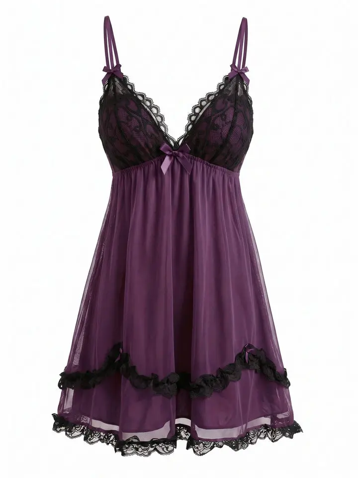 Purple 1930s Lace Trim Mesh V-Neck Slip Nightgown Nightwear Womenswear Loungewear Sleeveless BackToSchool Sohochic Fall Dresses Fall outfits Fall fashion,clothes for back to school,first day of school outfits