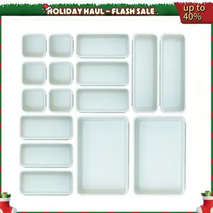 Versatile 4-Size Drawer Organizer Set 16-Piece, Sturdy Plastic Storage Bins for Office Supplies & Kitchen Utensils
