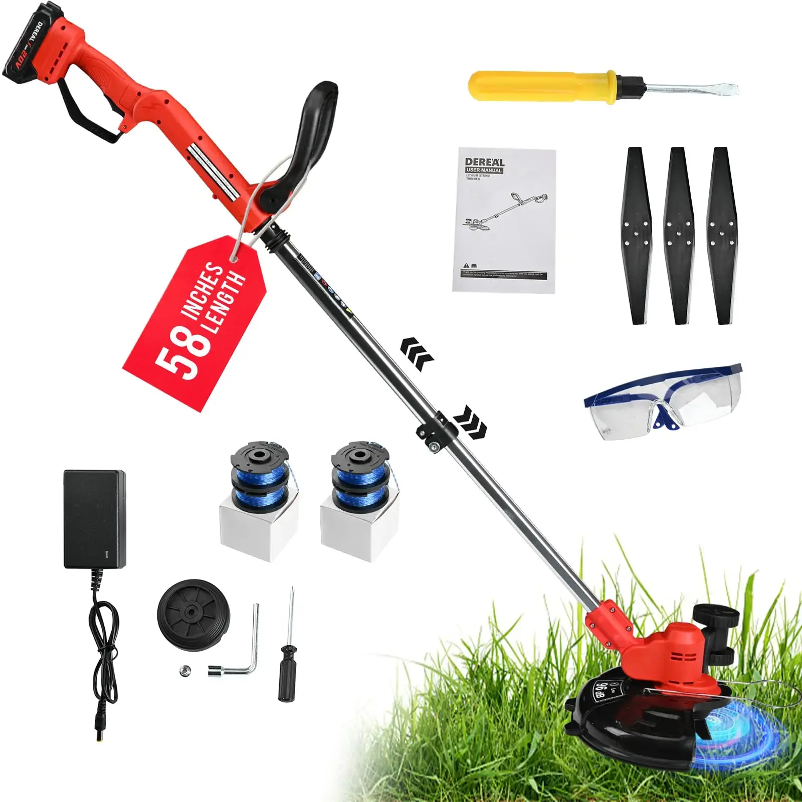 20V Cordless String Trimmer and Lawn Edger Kit with Adjustable Telescoping Shaft, Auxiliary Handle, Support Wheel, Battery, Charger, Line Spools, Plastic Blades and Safety Glasses