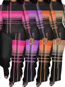 Plus - Size Women'S Casual Striped, Spring And Summer Round Neck Short Sleeve Top And Pants, Suitable For Daily Leisure And Sports