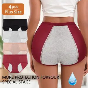 QUASTI 4PCS Plus Size Soft Stretch Physiological Panties, Summer Breathable Full Coverage Menstrual Briefs, High Elastic Anti-Leak Ladies Underwear with Cotton Crotch for Daily Period Wear