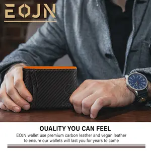 EOJN Slim Mens Wallet with 11 Slots RFID Blocking Carbon Fiber Money Clip Premium Vegan Leather Gift Box Organizer