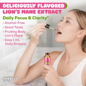 Awfully Good Flavored Lion's Mane Tincture - Strawberry 1000mg Liquid Herbal Supplement for Brain Boost & Mood Support Organic & Natural Dietary Fitness