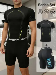Men's Tech Print Quick-Dry Sports Set, Sport Activewear, Sporty Style, Tight-Fit Elastic Vest + Pocket Shorts, Running, Basketball, Fitness, Rugby, Gift for Brothers