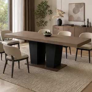 ARCH Extendable Dining Table for 4-10 People, 78.7 Inch Wooden Transformer Kitchen Table with Black Pedestal Base, Modern Expandable Large Dining Room Table, Particle Board, Beige+Brown, Seats 10+, Beige+Brown Color Options, Particle Board Material