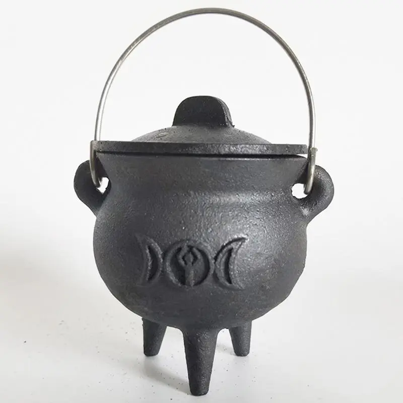 Cauldron Cast Iron Witchcraft, 1 Count Cauldron with Secure Lid and Carry Handle for Spells, Halloween Decoration Or Scented Incense Burning, Religious Decorations