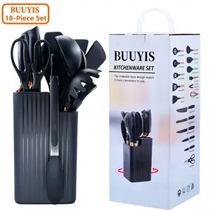 BUUYIS 18-Piece Kitchen Utensil Set with Rotating Storage Caddy - Durable, Heat-Resistant, BPA-Free Matte Silicone Kitchen Accessories - Nonscratch, Unmeltable, Oven-Safe, Non-Stick Compatible - Includes 11 Utensils, 5 Sharp Knives, 1 Scissors Pair