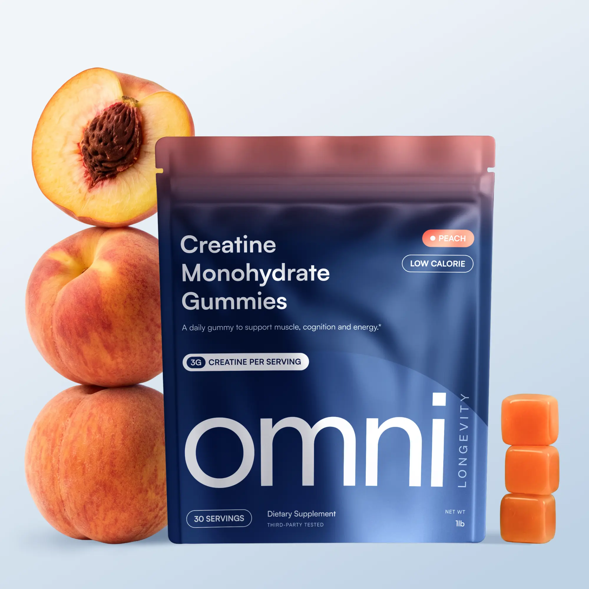 OMNI Creatine Monohydrate Gummies - Supports Muscle Growth Recovery & Brain Function - 1g per Gummy Low Sugar - 90 Count - Watermelon & Peach Flavor - Natural Fuel Supplements Fitness