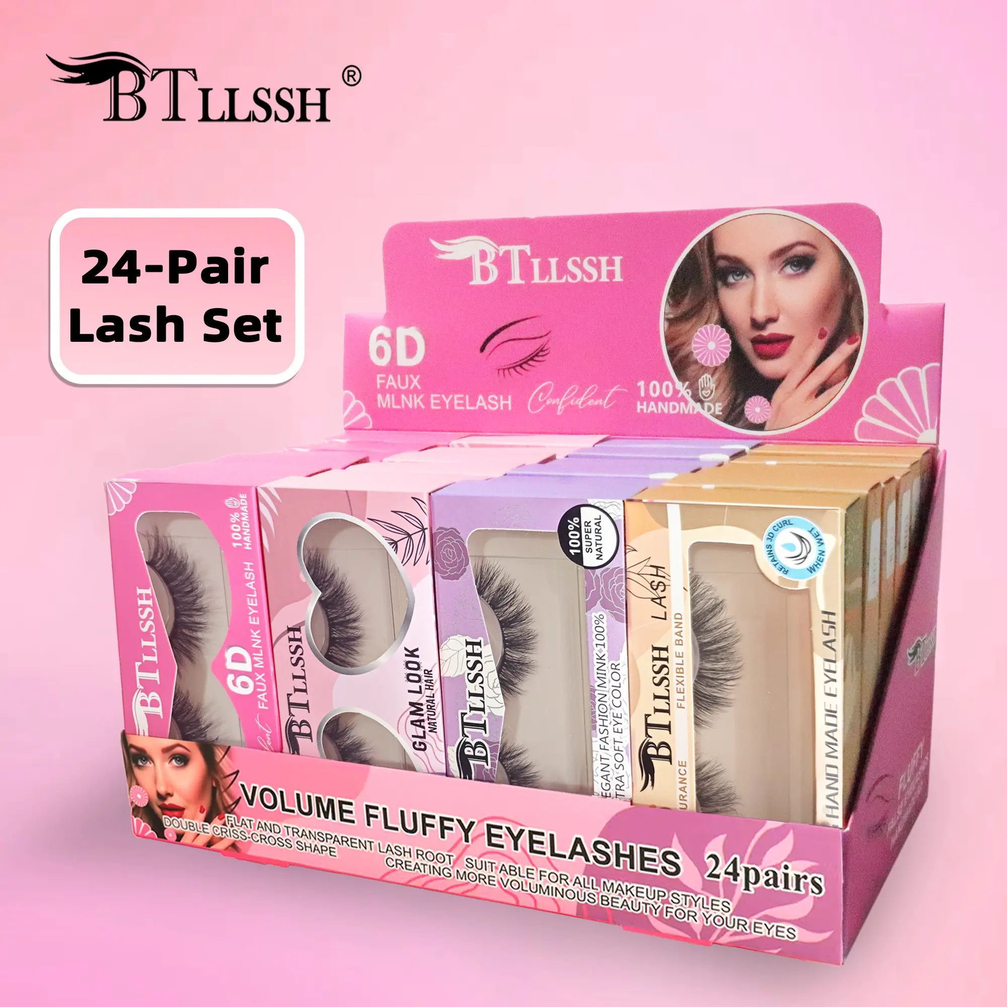 HZ24A BTLLSSH 24 Pairs 6D Fluffy Strip False Eyelashes Multi Sizes 14mm 16mm 18mm Reusable Volume Fake Lashes For Makeup Beginners Daily Party Wedding Cosplay
