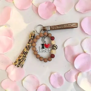 I Heart Jesus Key Chain Bracelet with Leopard Print Strap & Red Beads Faithful Accessory for Keys and Stickers