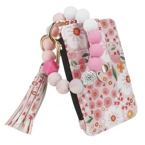 Ladies' Boho Style Beaded Tassel Decoration Keychain with Floral Pattern Wallet,Women's Credit Card Holder,Leather Card Case Keychain Wallet for Women