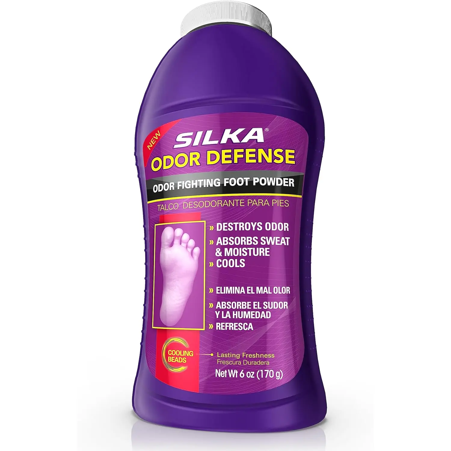 SILKA Odor Fighting Foot Powder & Shoe Deodorizer with Corn Starch Powder, Talc & Cooling Beads for Lasting Freshness, Absorbs Sweat & Excess Moisture, 6 Oz