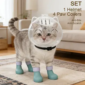 Cat Grooming Set: Transparent Astronaut Bubble Helmet & 4 Silicone Claw Protectors, Safe Bathing, Nail Trimming, Vet Visits, Grooming Supplies