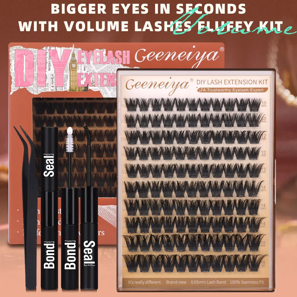 Geeneiya Lush 100D Volume Lash Extension Kit Fluffy Eyelash Extension Kit DIY Individual Eyelashes Kit with Lash Bond and Seal And tweezers (D Curvature) Makeup Cosmetic DealsForYouDays