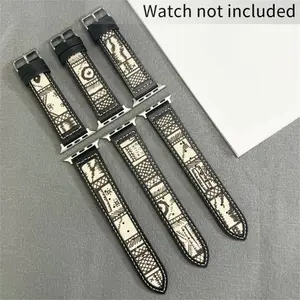 GIROUETTE Vintage Sketch Canvas Pattern PU Leather Watch Band, 1 Count Replacement Watch Band for Apple Watch Series 9 8 7 6 5 4 3 2 1 SE SE2, Smart Watch Accessories