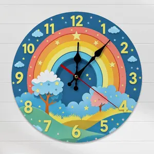 Colorful Cartoon Rainbow Landscape Wall Clock | Silent Sweep Movement, Battery Not Included, Ideal For Kids' Room, Playroom, Classroom Decor
