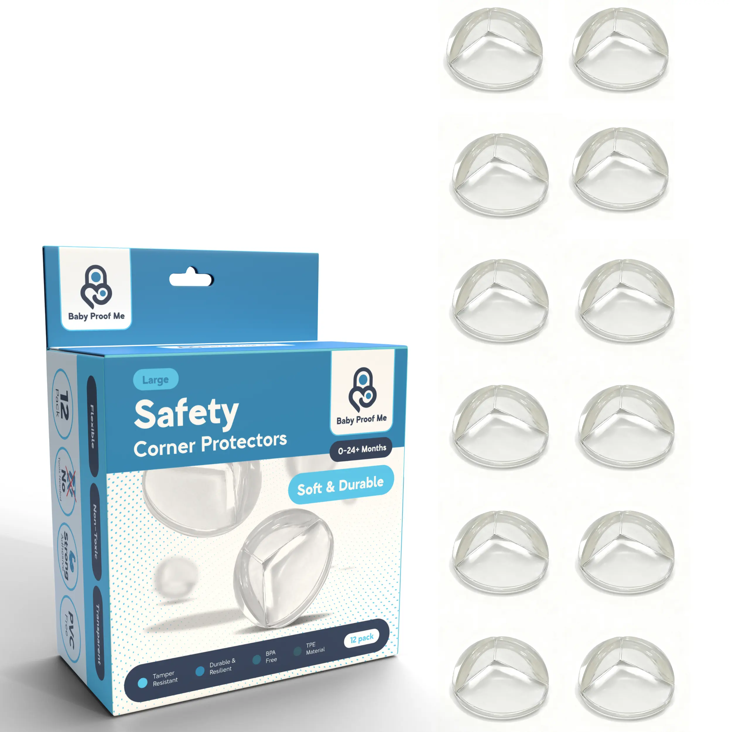Baby Proof Me Large Table Corner Protectors (12 Pack) - Almost Invisible Edge Safety Bumpers for 12-18 Months Toddlers, Desk, Coffee Tables, Countertops, Strong Adhesive Furniture Guards