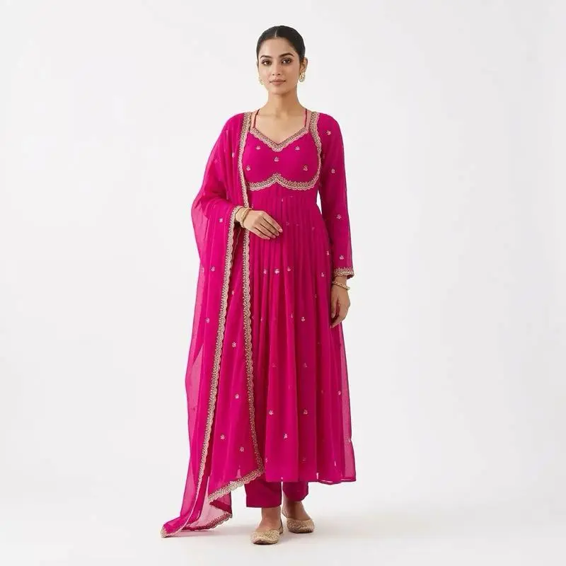 Women's Maxi Dress, Pink Embroidered Indian Style V-Neck in Soft Fabric, Long Sleeve Ethnic Casual Dresses for Summer Casual Wear, Clothes