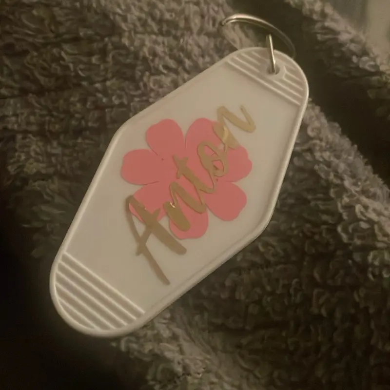 Custom Name Motel Keychain with Flower Background Personalized Vinyl Keychain Available in Any Color Vinyl