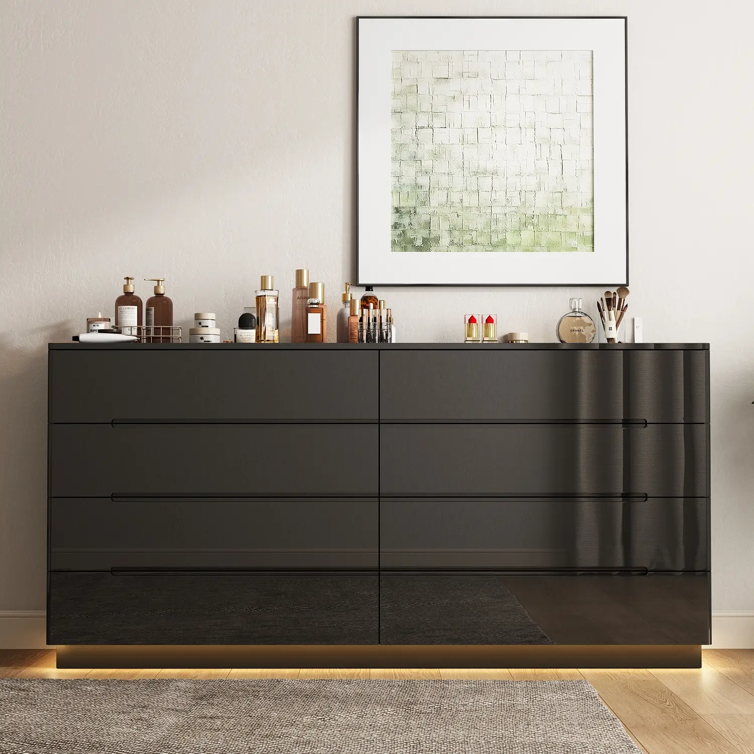 FUFU&GAGA Modern 8-Drawer Double Dresser with LED Lighting, High-Gloss Surface, MDF Board, Drain Box Base – Dresser for Bedroom Storage, Requires Assembly for Versatile Usage, Apartment Cabinet