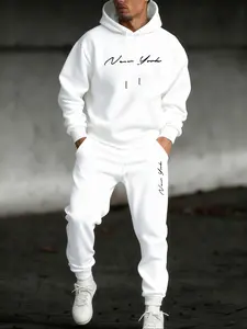 Men's Hooded Sweatshirt Set 2 Piece, Letter Print Pullover + Drawstring Casual Sport Pants, Fall & Winter Fitted Style, Sweatsuits Set