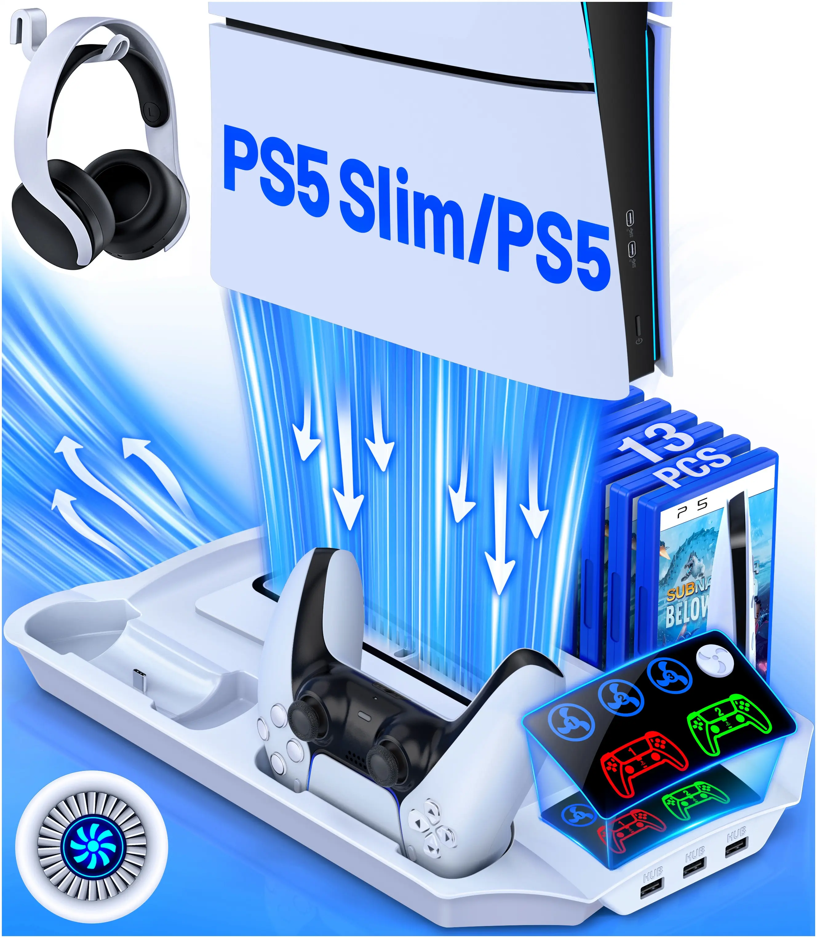 BEBONCOOL Compact 3-Way Cooling Station & Dual Controller Charge Dock for PS5/PS5 Slim Disc/Digital Consoles, 3 Adjustable Fan Speeds, LED Lights, USB-C Port, 13 Game Slots, Headset Holder, Auxiliary Strip, Anti-Slip Surface, Dual Chargers, Accessories