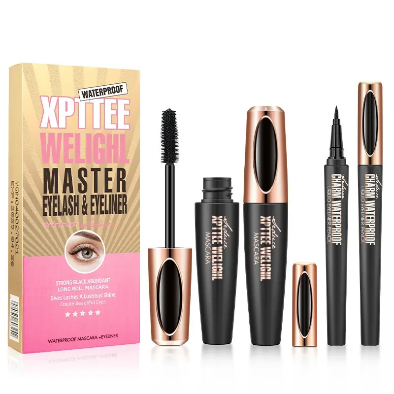 2 Pack Mascara and Eyeliner Glam Set with 4D Silk Fiber Volumizing & Defying Transfer Mascara, Waterproof Smudge Proof Liquid Pen, Cosmetic, Long Lashes Mascara