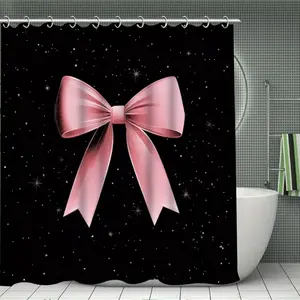 1/4-piece set: Creative black and pink bow pattern design bathroom shower curtain and mat set, includes 12 hooks, non-slip bathroom mat, non-slip toilet U-shaped mat, toilet seat cover, bathroom partition, modern home decor.