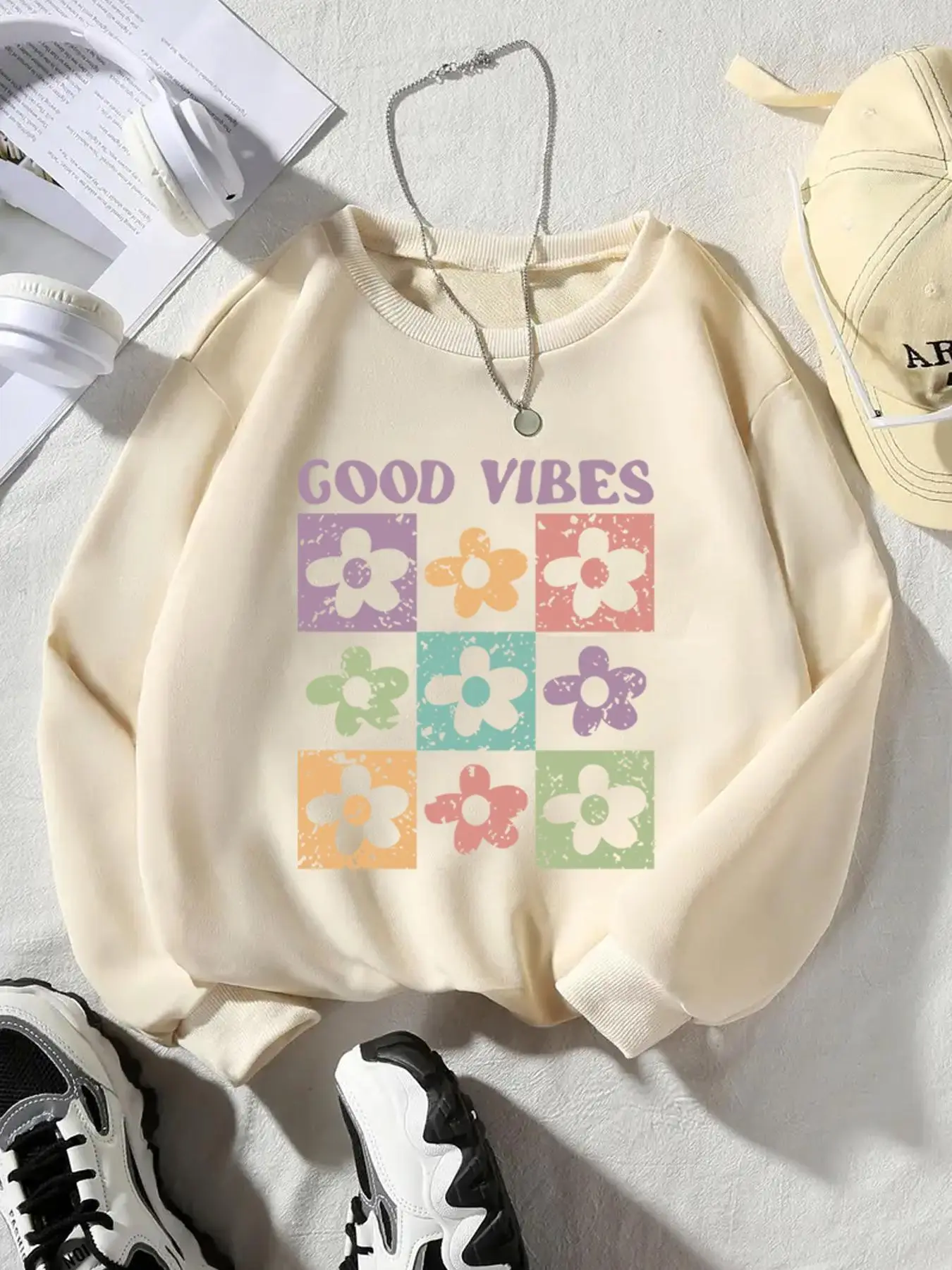 Girl's Floral & Letter Print Drop Shoulder Sweatshirt, Casual Long Sleeve Round Neck Pullover for Spring & Fall, Kids Clothes for Daily Wear