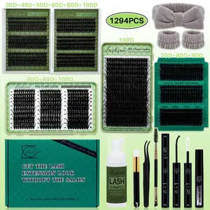 Lashsun 1294pcs Big Kit, DIY Eyelash Extensions Set, D Curl High Capacity, Mixed Length 8 Styles, Volume & 3D Effect, Cluster Lashes Kit with Accessories
