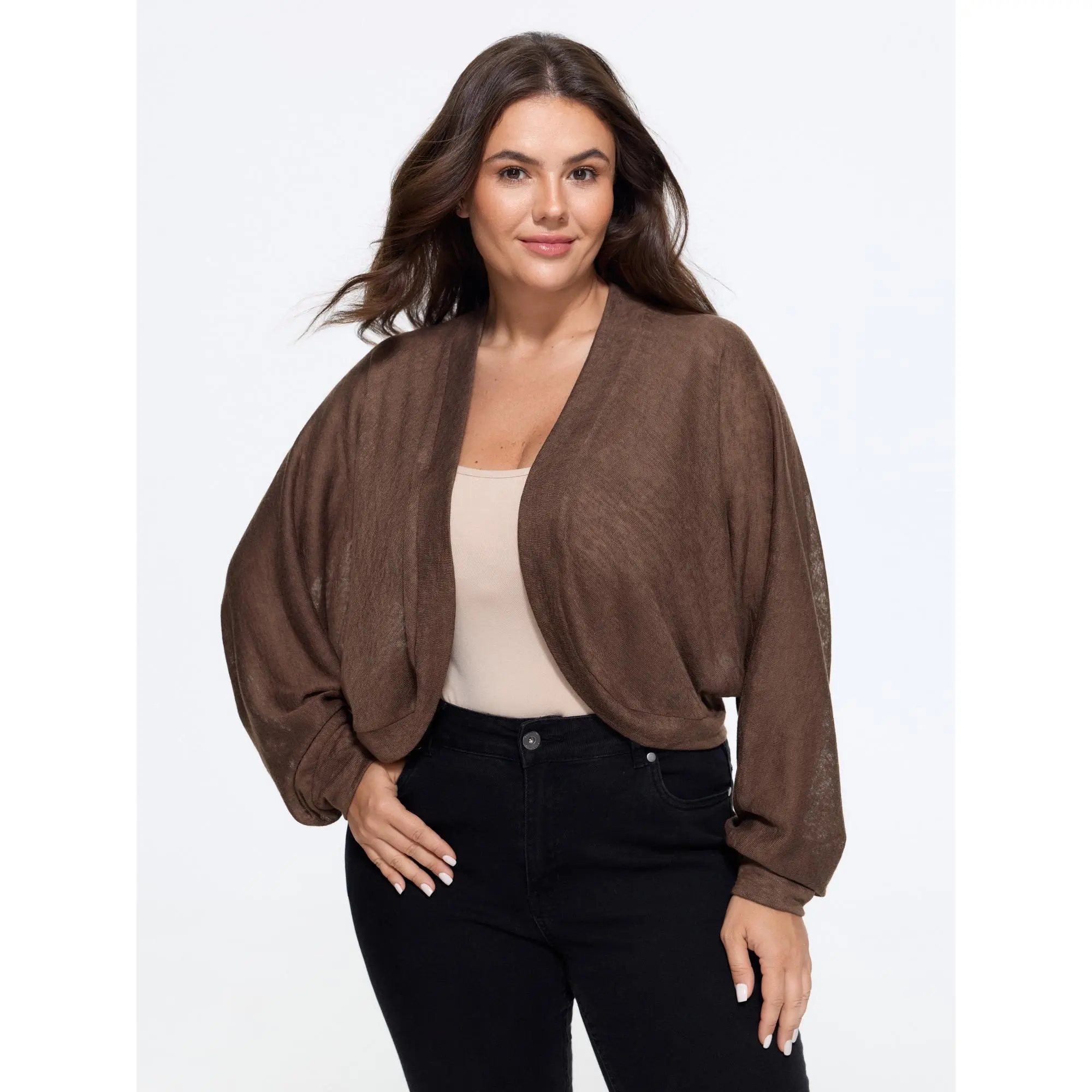 BLOOMCHIC Women's Plus Size Polyester Sheer Dolman Sleeve Open Front Crop Kimono Garment - Basic Flat Casual Clothes, Size M-6X, 2026 Summer Womenswear, Fabric