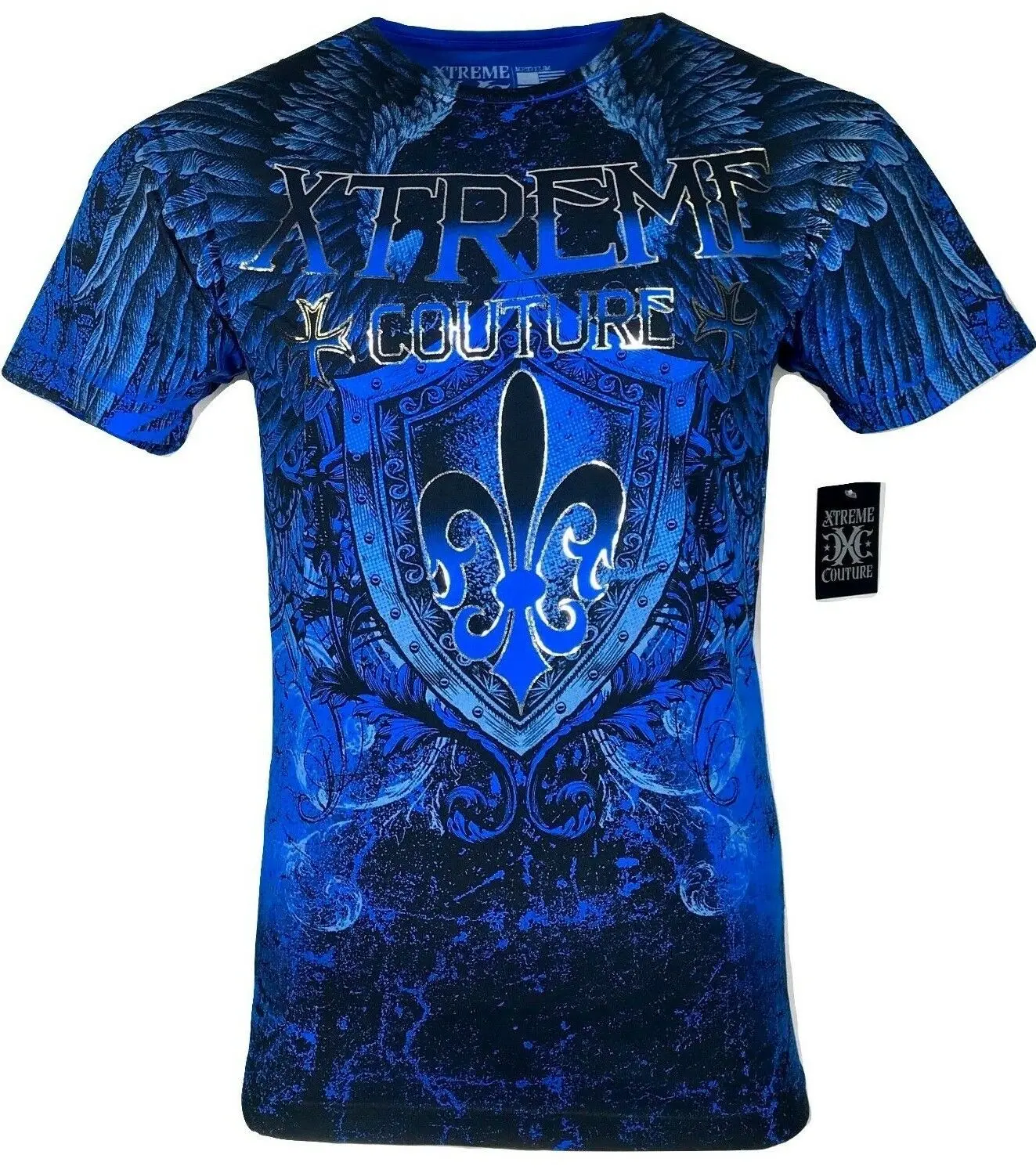 Affliction Xtreme Couture Men's Smithsonian Short-Sleeve Casual Fashion Menswear Round Neck 100% Cotton T-Shirt, Blue, Printed Front & Back Design, Made in USA