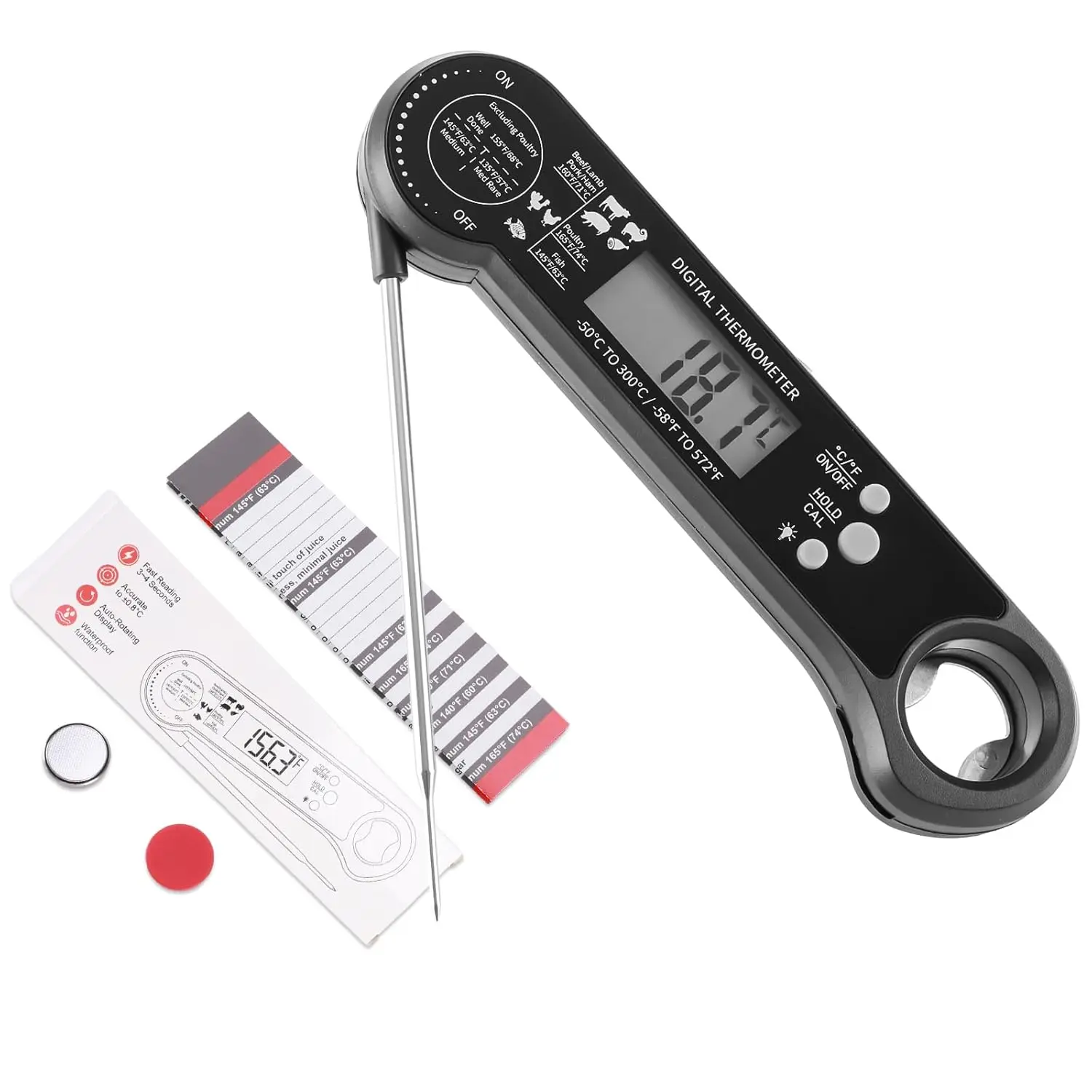 Meat Thermometer Digital -  Thermometer with Bottle Opener for Cooking,  Read with Backlight & Calibration, Convenient for Grilling, Cooking, BBQ, Kitchen Use, Compact & Easy Storage