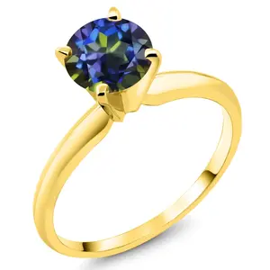 Gem Stone King 14K Yellow Gold Blue Mystic Topaz Solitaire Engagement 4-Prong Ring For Women | 1.00 Cttw | Round 6MM | Gemstone Birthstone