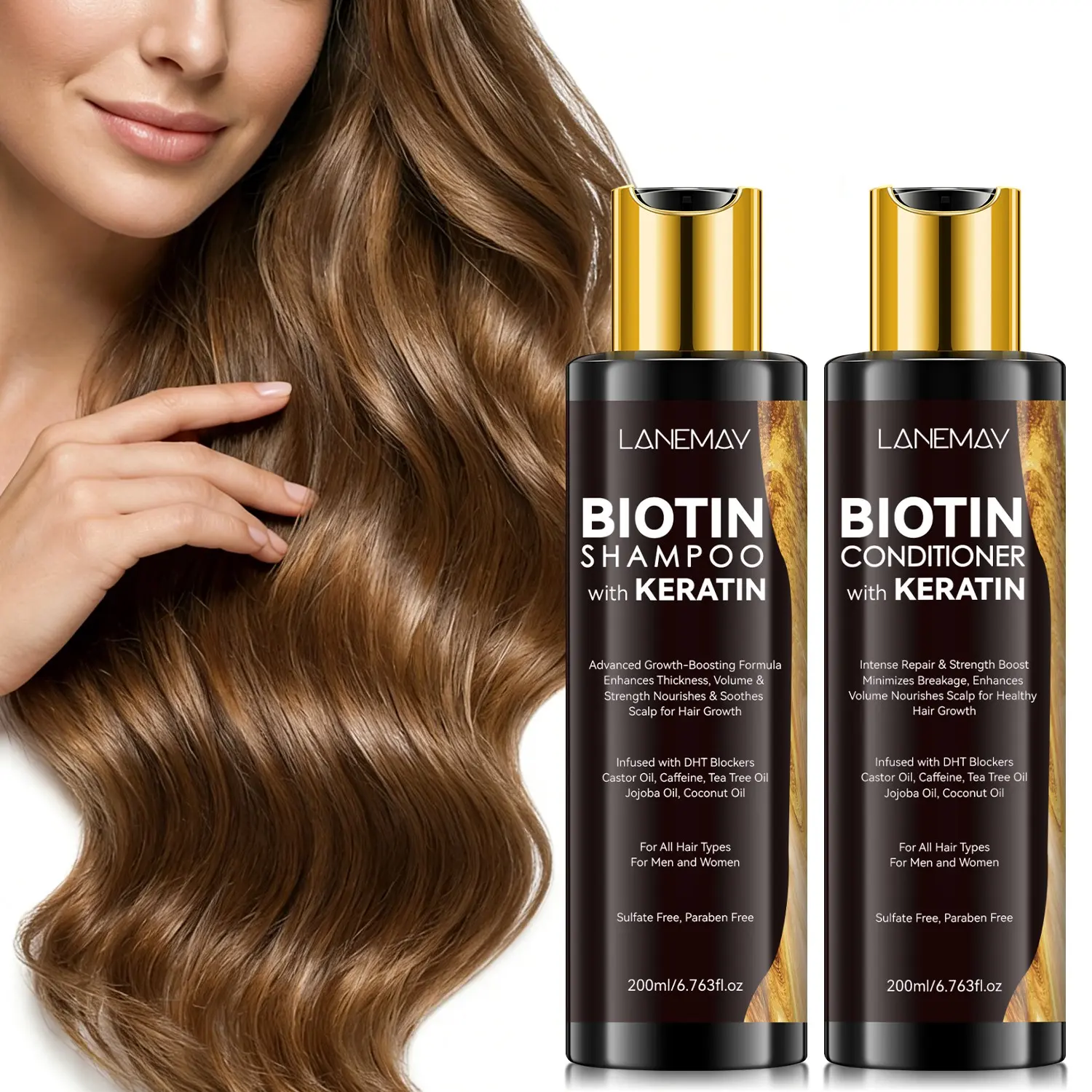 200ml+200ml Biotin Shampoo & Hair Thickening Conditioner Set with Keratin - DHT Blockers & Caffeine Formula - Advanced Growth Boosting, Thickness Enhancement & Repair - Sulfate Paraben Free Haircare Product