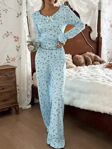 Women's Ditsy Floral Print Pajama Set, Bow Tie Neck Design, Long Sleeve and Pants, Comfortable Fitted Elegant Sleepwear Home Clothes, Floral Pajama Sets