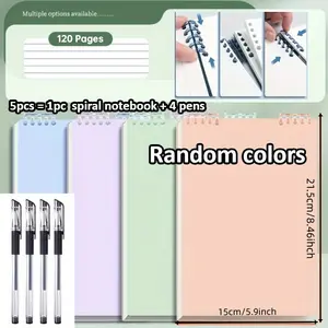 5-Piece Set Spiral Notebook & Pens, 60 Sheets 120 Pages College Ruled Paper, Thick Lines Easy Tear-Out for Note-Taking & Study Organization, Stationery
