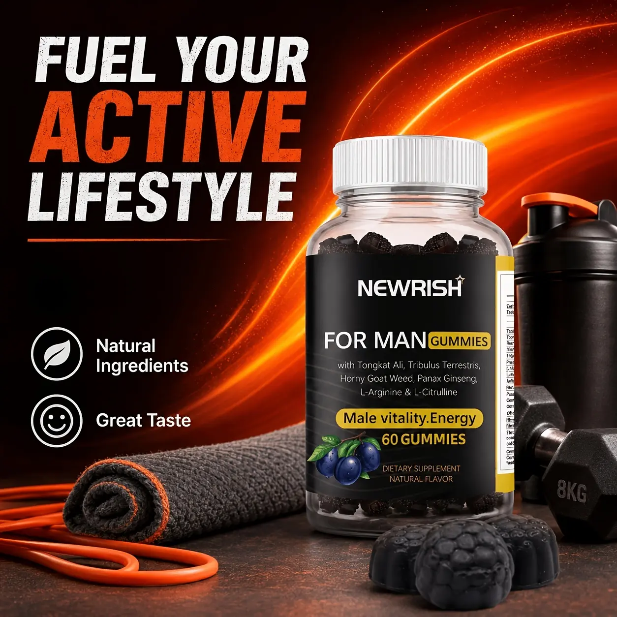 NEWRISH Men’s Wellness Gummies, Herbal Blend with Tongkat Ali, Tribulus Terrestris, Horny Goat Weed, Maca Root, Shilajit, Sea Moss, Ashwagandha, L-Arginine & L-Citrulline, Support Daily Energy & Male Vitality, 60 Gummies