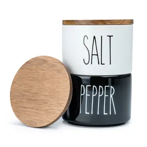 Heartland Home Ceramic Salt & Pepper Cellar Set with Acacia Wood Lid Kitchen Seasoning