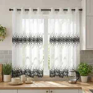 Curtain Club 2 Panels 52x60inch Kitchen Curtain Macrame Embroidery Bohemian Faux Linen Floral Design with Elegant Lace Trim for Multiple Room Types SR122 Interior Decoration Accessories Home Textile,Sheer,Woven,Rod,Pocket,Curtains